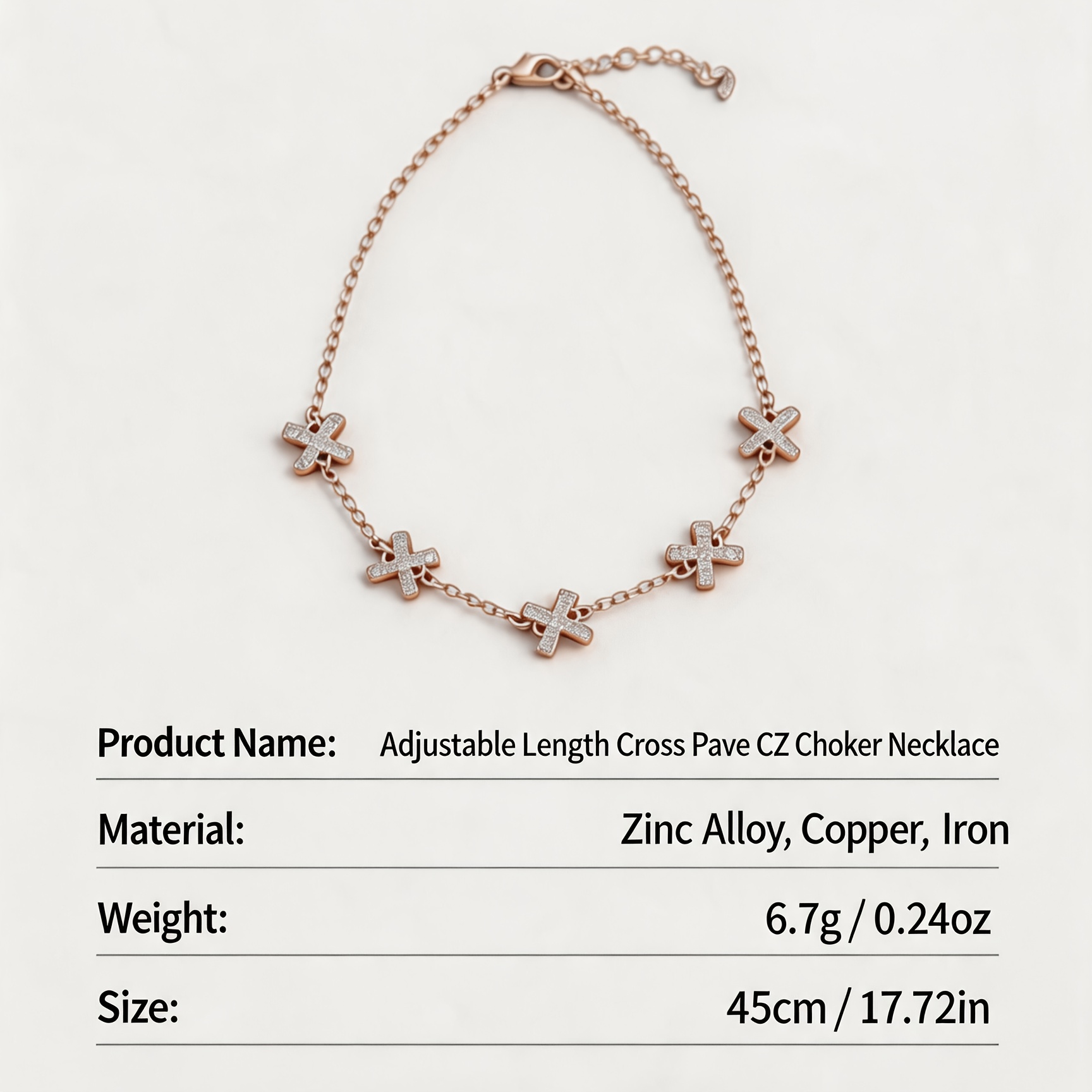 Women's Rose Plated Adjustable Cross Pave Rhinestone Choker Necklace